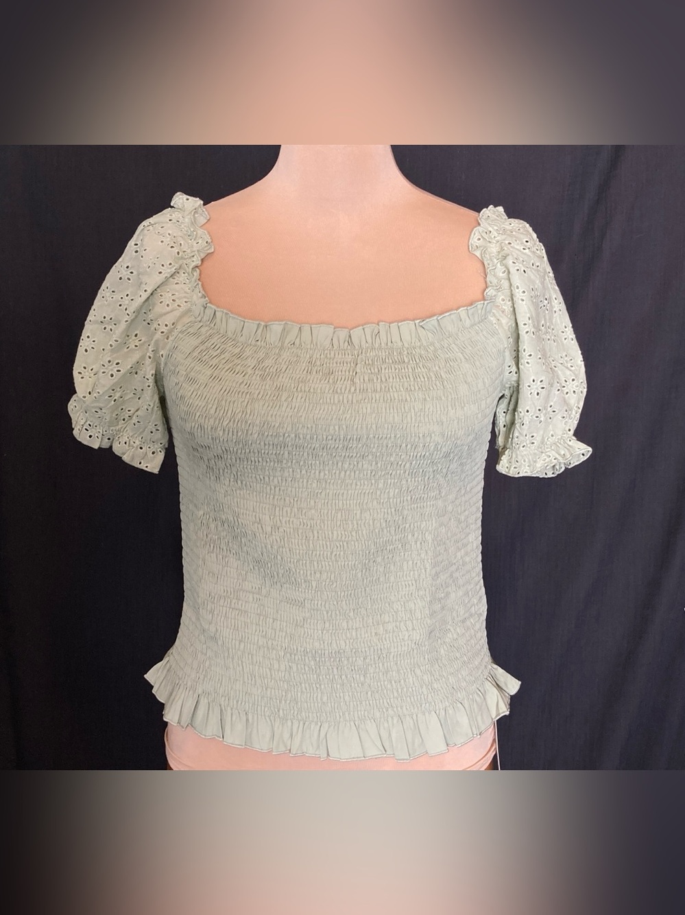 100% Cotton Smocked Square Neck Top with Eyelet Puff Sleeves - Light Sage